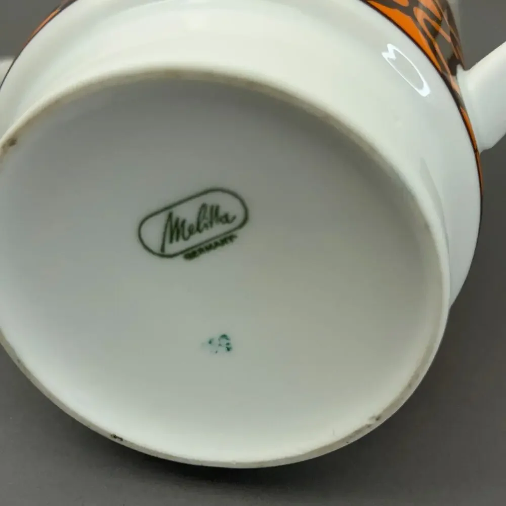 VTG Melitta Germany Coffee Pot White Orange Brown Geometric Atomic MCM Porcelain